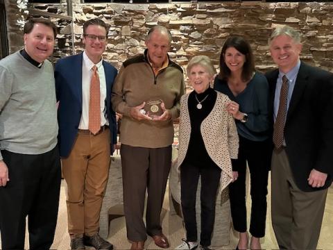 Left to Right: Fr. Lou DelFra, CSC; Kevin Baxter; John Sobrato; Sue Sobrato; Lisa Sobrato; and John Staud