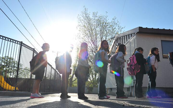 Students in line outside