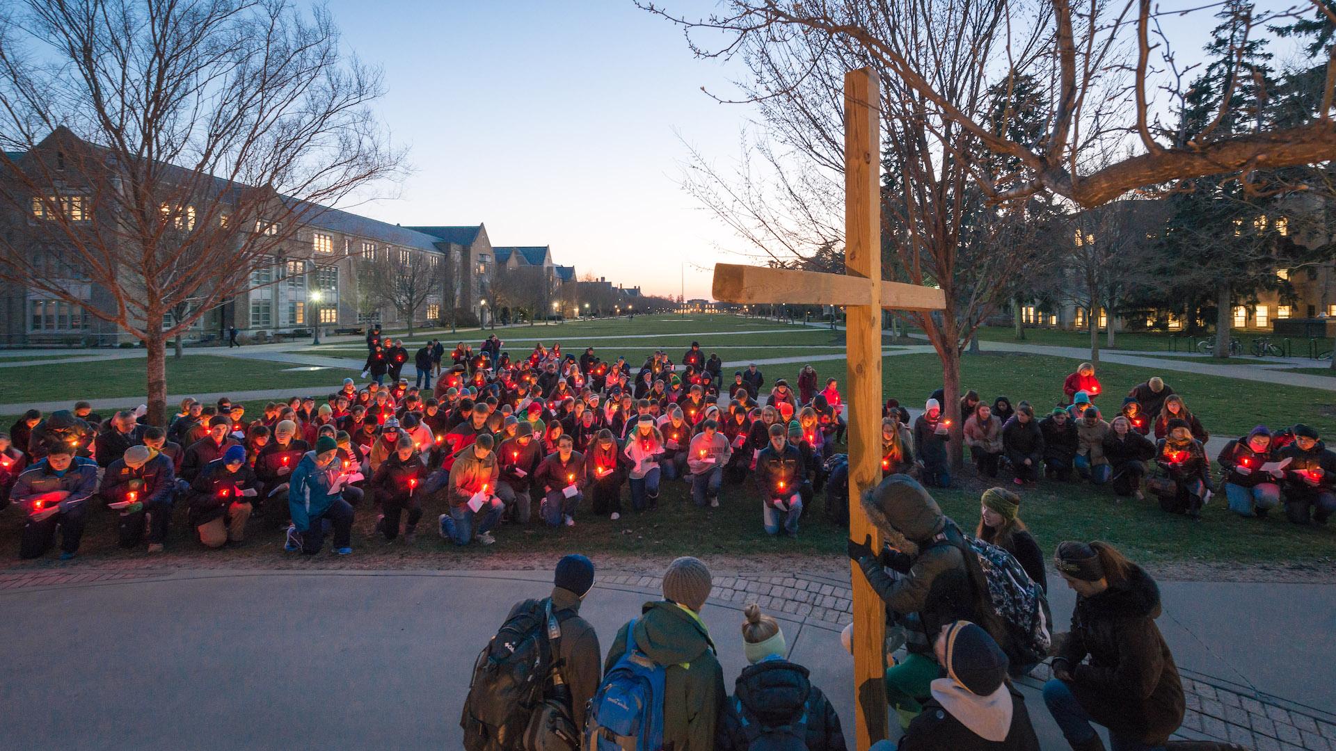 Students around a cross