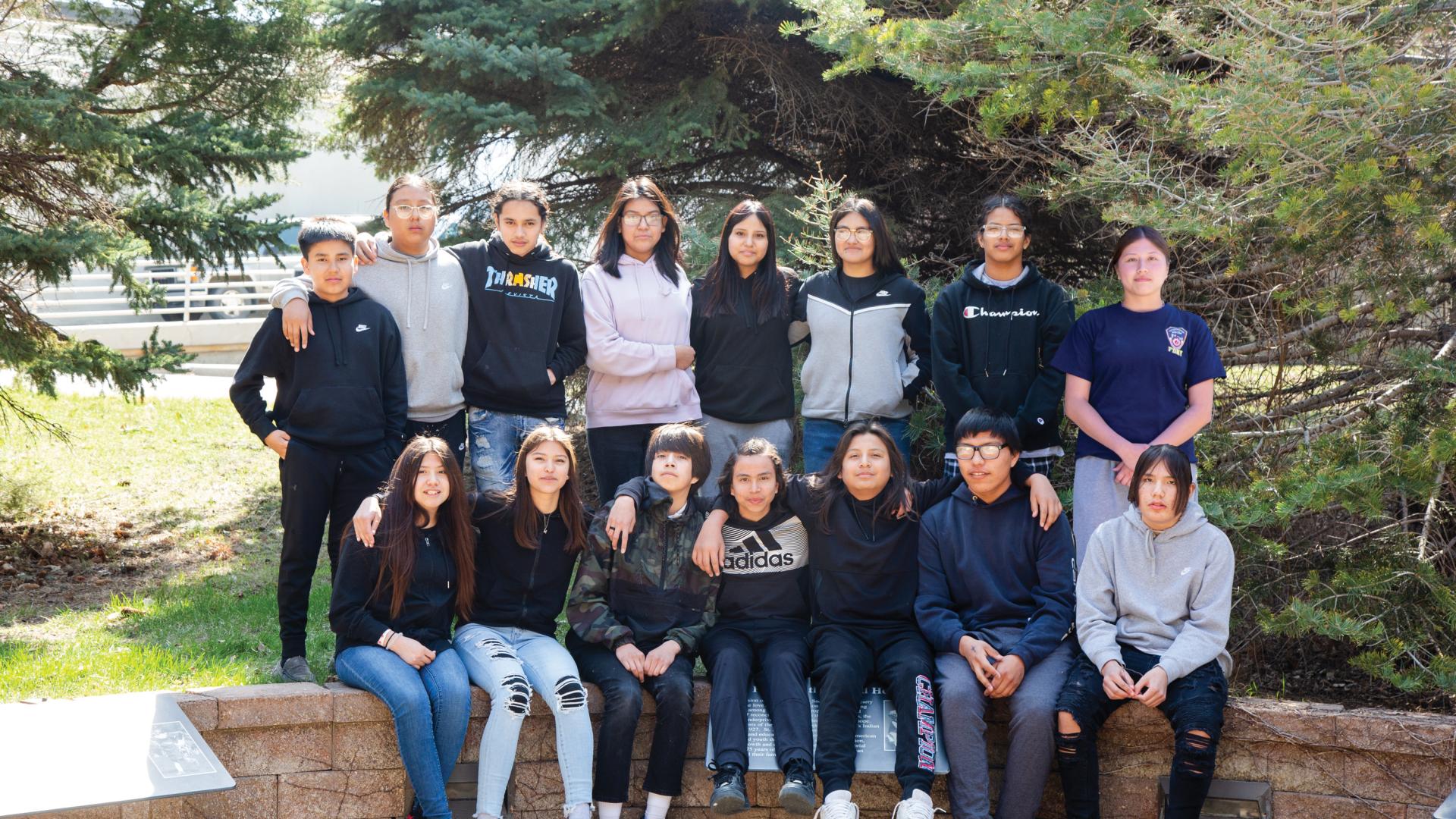 (Back row, left to right}: Oyate Monje, Taylen Honomichl, Memphis Joseph, Secret Red Bear, Consuelo Summers, Jalonna Eagle, Gabriel Rouse, Amelia LaPointe. (Front row, left to right): Emilia Provancial, Makaia Hurley, Kaedyn Kennedy, Paul Luedke, Demarius Medicine Crow, Jack Little Elk, Mario Bernie.